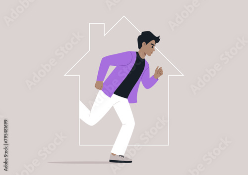 Sprint of Independence, a person Escaping the Confines of Home, A character dashes forward, symbolically breaking free from a house outline