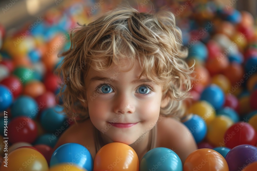Obraz premium A joyful child with curly hair is playing and having fun in a colorful ball pit, showing excitement and happiness