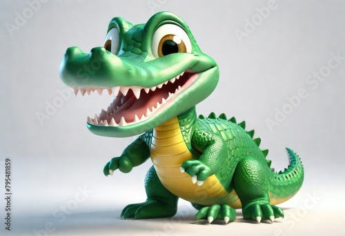 A Adorable 3d rendered cute happy smiling and joyful baby Alligator cartoon character on white backdrop