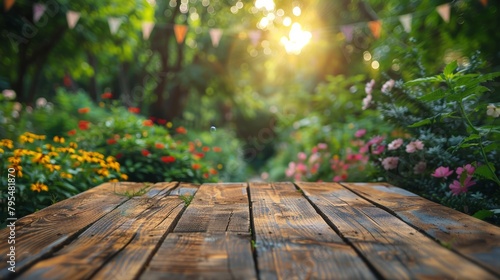 Wooden Table With Flowers and Bunting in Background