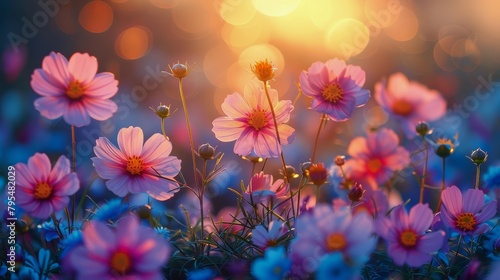 Field of Pink and Blue Flowers With Sun