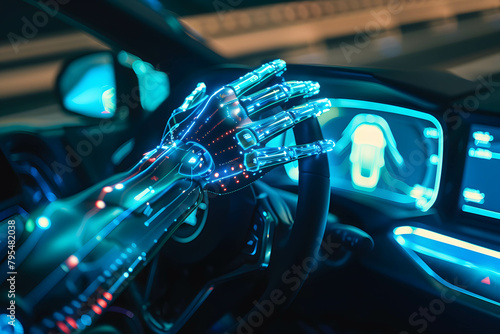 Autonomous driving technology concept, using AI to participate in vehicles to create road safety, robotic hand holding steering wheel
