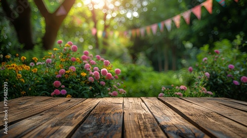 Wooden Table With Flowers and Bunting in Background