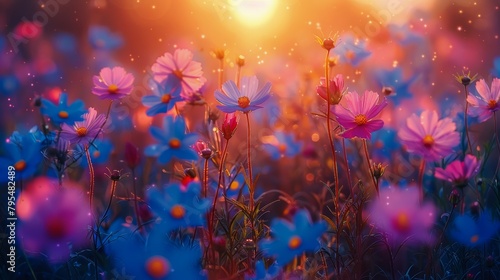 Field of Pink and Blue Flowers With Sun