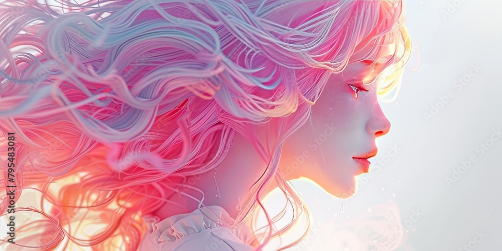 full body a stunning 3D illustration of an anime girl with cascading pastel-colored hair, illuminated by soft sunlight