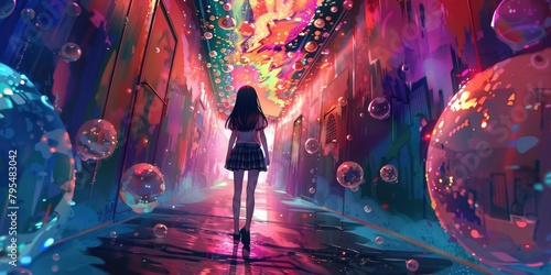 Illustrate a chromosaturation-inspired scene with an anime girl immersed in a colorful, psychedelic environment 16k ultra HD resolution