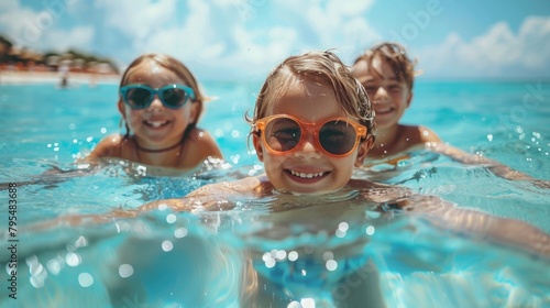 Group of kids with swim goggles share a fun moment in the sunny, crystal-clear waters of a pool during summer