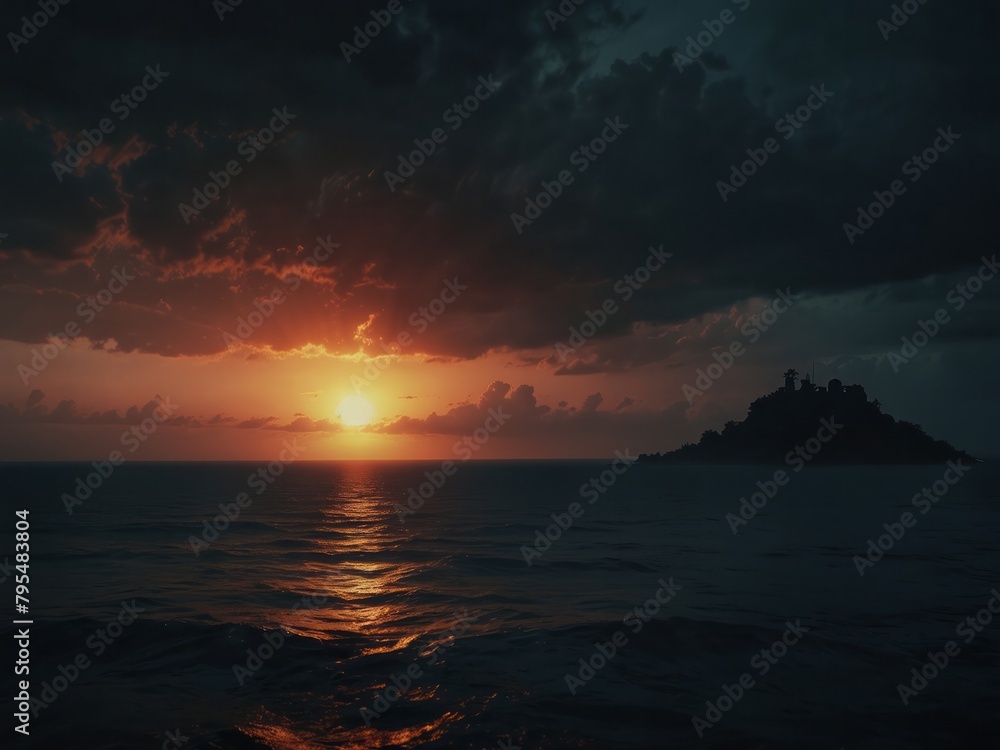 The sun is setting over the ocean with a small island in the distance