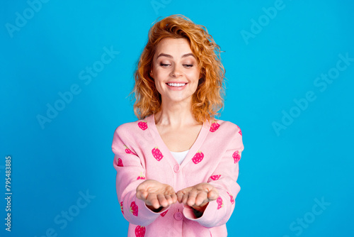 Quadro su tela Photo portrait of attractive young woman hold look empty space dressed stylish p