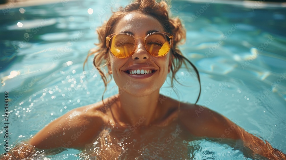 A playful woman in yellow sunglasses smiles in the pool under the sunlight