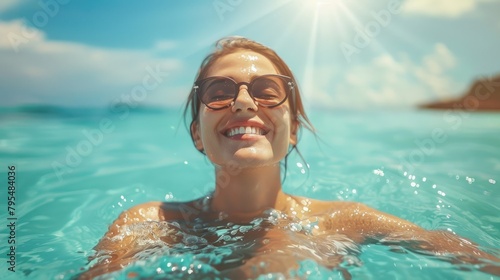 Wallpaper Mural A glowing woman smiles in the sunlight, enjoying a refreshing swim Torontodigital.ca