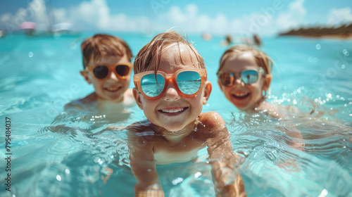 A joyful child with siblings shares a fun moment in a sunny pool