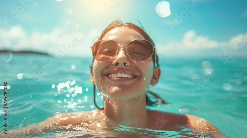 Back view of a person swimming in the crystal-clear ocean waters under a bright sunny sky with light reflections © Fxquadro