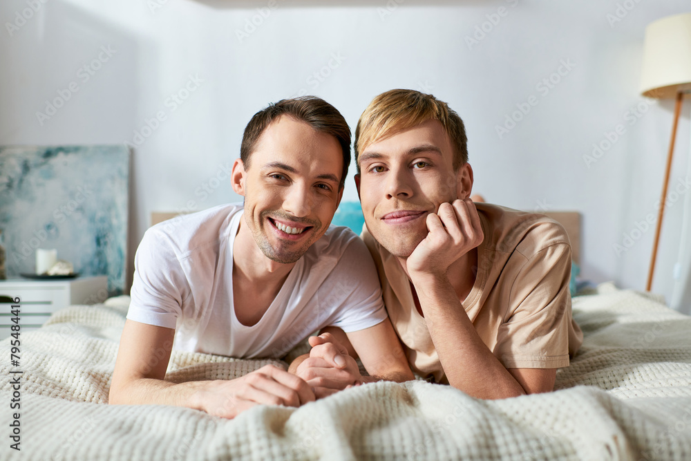 Two men in casual attire lay on a bed, sharing a moment of intimacy and connection. Two men in casual attire lay on a bed, sharing a moment of intimacy and connection.