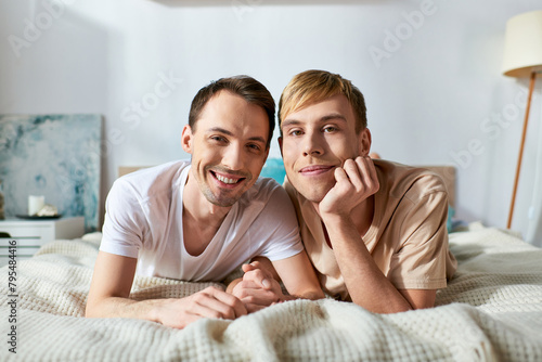 Two men in casual attire lay on a bed, sharing a moment of intimacy and connection. © Bliss