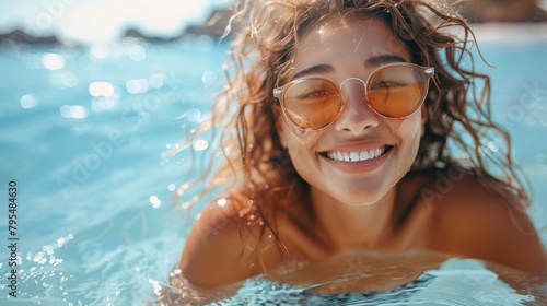 A radiant young woman with a joyful expression enjoys a dip in the pool, reflecting summer bliss
