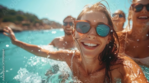 Happy group of people in the water wearing sunglasses, enjoying a bright summer day © Fxquadro