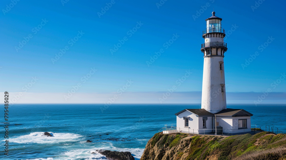 A lighthouse on the edge of an ocean cliff, overlooking blue waters and sandy beaches 
