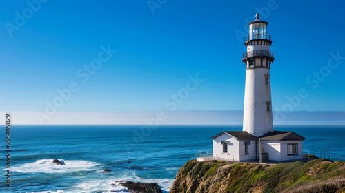 A lighthouse on the edge of an ocean cliff  overlooking blue waters and sandy beaches 