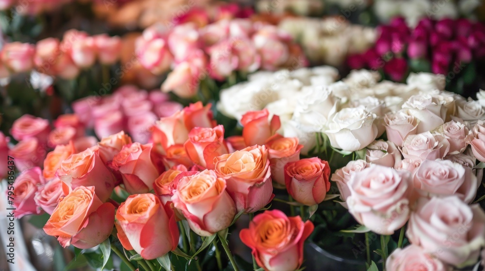 Fototapeta premium A bouquet of flowers with a mix of pink and white roses. The arrangement is colorful and vibrant, creating a cheerful and lively atmosphere