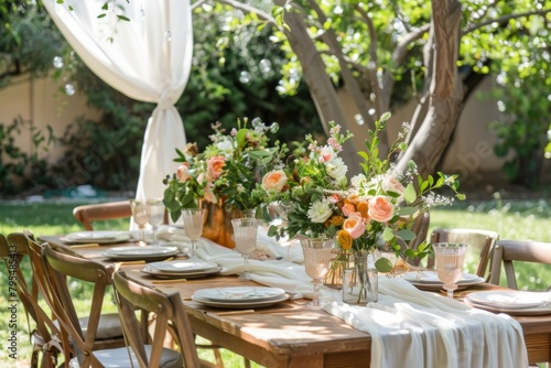A table with a white tablecloth and a white table runner. The table is set with a variety of flowers and vases, and there are several chairs around the table © Cloudyew
