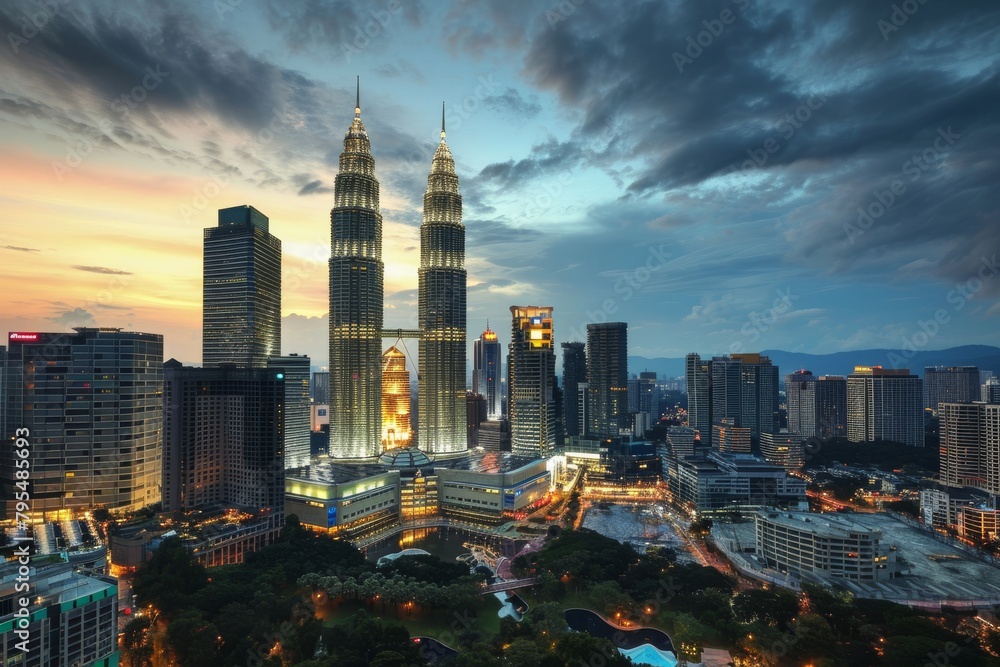 Obraz premium Kuala Lumpur's skyline highlighting the Petronas beautiful Towers, Ai generated