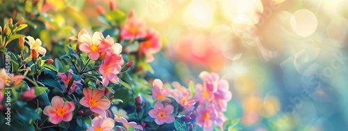 Vibrant Spring Blooms in Sunlit Garden. A lush display of vivid multi-colored flowers in full bloom, bathed in a soft, sunlit glow, evoking the fresh essence of spring in a garden. © JovialFox