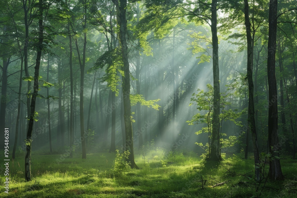 Obraz premium Wisps of fog in a tranquil forest