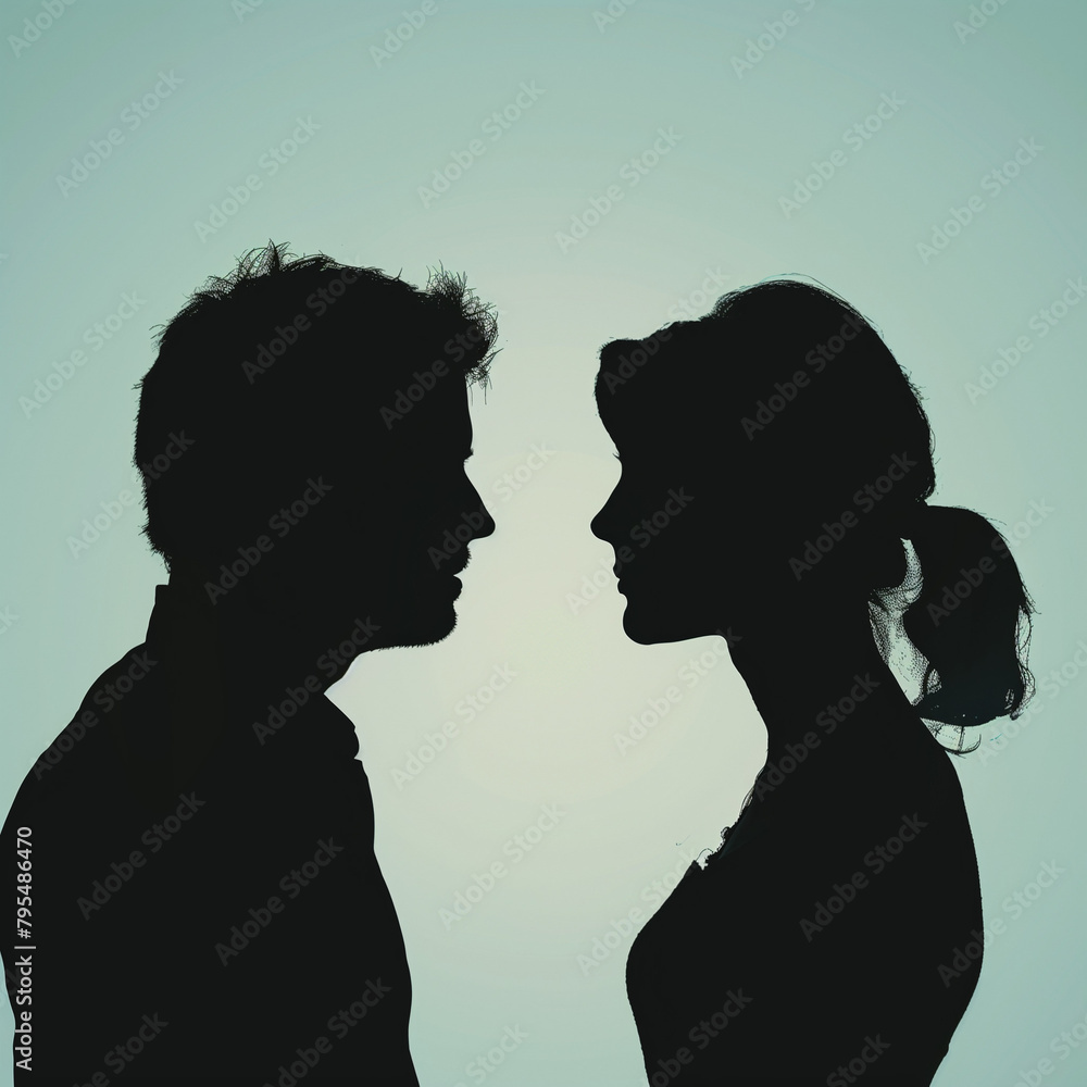 Simple and calm image of a man and a woman's silhouettes on a soft blue backdrop representing tranquility and companionship