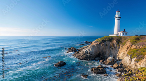 A lighthouse on the edge of an ocean cliff, overlooking blue waters and sandy beaches  photo