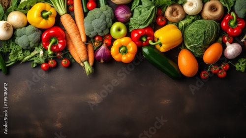 Organic farm fresh produce  variety of vegetables and fruits  top view on a burlap background 