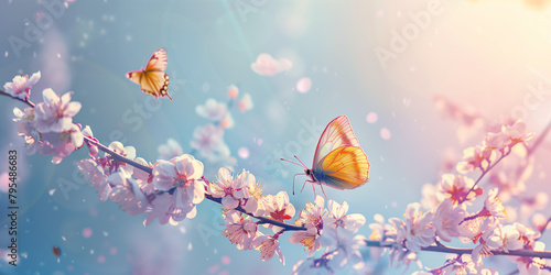 A magical scene of several butterflies dancing among branches of pink blooms under a glistening light creates a sense of enchantment