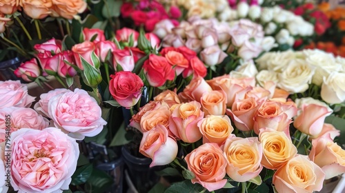 A bouquet of flowers with pink  orange  and white roses. The flowers are arranged in vases