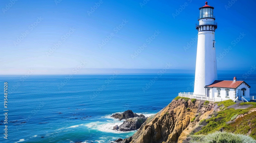 A lighthouse on the edge of an ocean cliff, overlooking blue waters and sandy beaches 