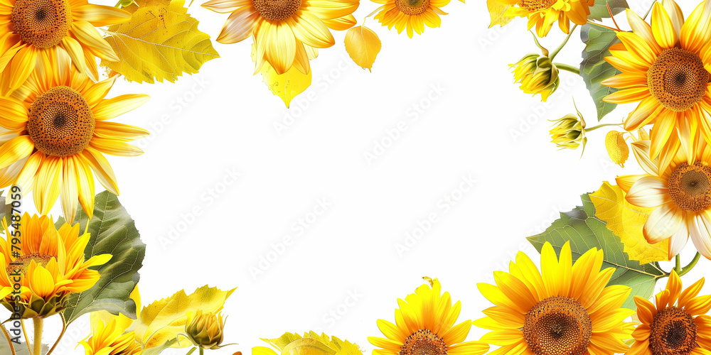 A full frame of cheerful sunflowers with a clean, white space in the center, ideal for messaging or design A full frame of cheerful sunflowers with a clean, white space in the center, ideal for messaging or design