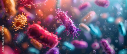 3D rendering of microbiome elements and probiotics in human immune system. Concept Microbiome Visualization, 3D Rendering, Probiotics Illustration, Immune System, Scientific Graphics