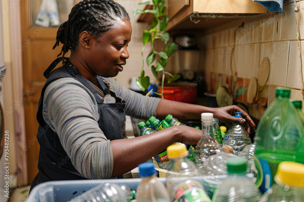 Fototapeta premium In the kitchen, a woman rinses plastic bottles and sorts them into a box with recycling signs 