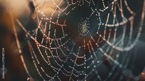 Tranquil Morning Light on Intricate Dewy Spider Web photo