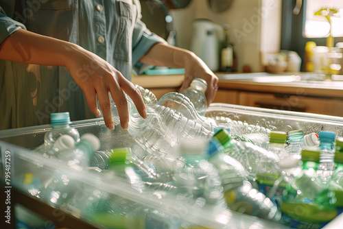 In the kitchen, a woman rinses plastic bottles and sorts them into a box with recycling signs
 photo