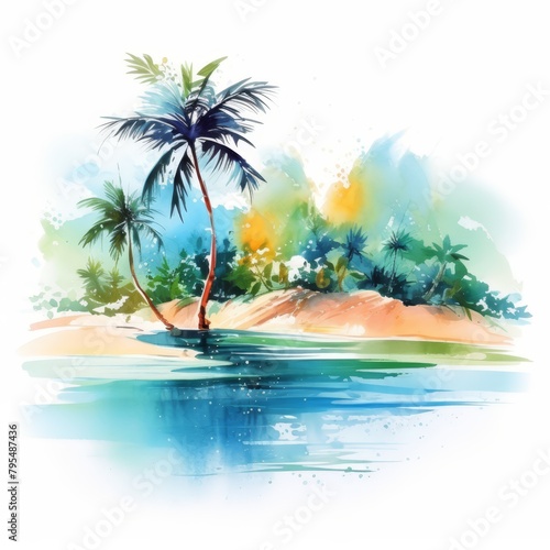 Abstract watercolor smudges of tropical paradise, isolated on white,