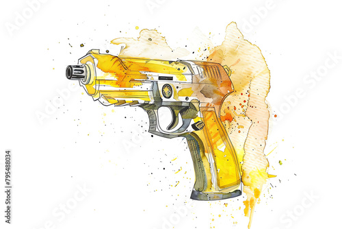 Minimalistic watercolor illustration of a taser on a white background, cute and comical photo