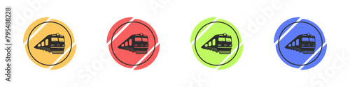 Set of train logo vector. Color railway icon collection. Set of stylish buttons with trains. Modern transport logo. Train icon set. Vector illustration.
