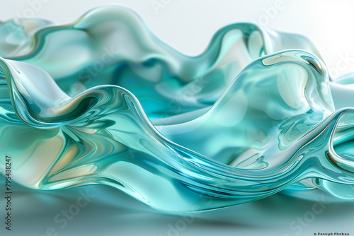 abstract translucent amorphous glass flowing fluid waves green turquoise tones on white background in style clean, minimal, modern.