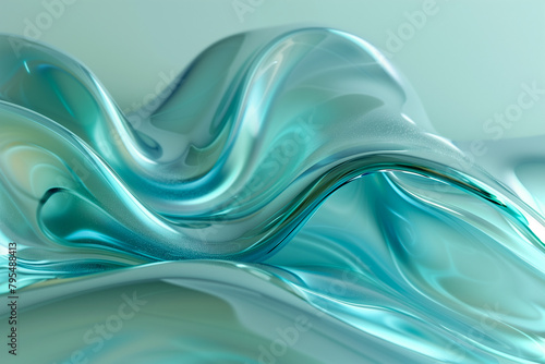 abstract translucent amorphous glass flowing fluid waves green turquoise tones on white background in style clean, minimal, modern.