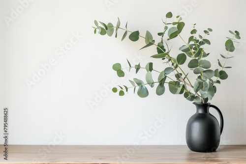 Close up green eucalyptus branch in black ceramic vase against white wall on background. Home decor on wooden table or modern oak commode with template art poster. Scandi style of living room interior photo