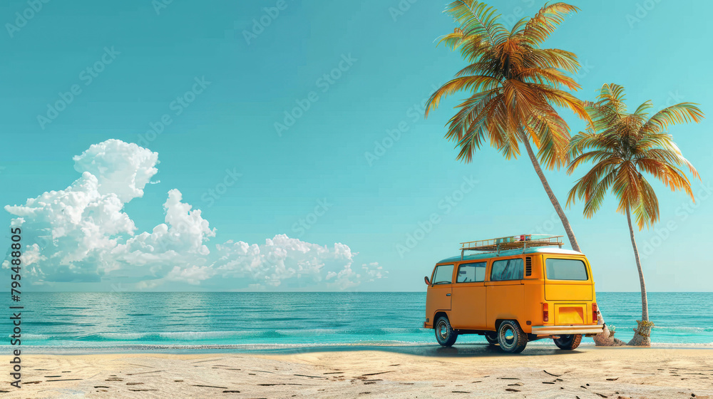 A yellow vintage van epitomizes the beach getaway dream, perfectly parked by a serene tropical shore, complete with palm trees and expansive blue skies, inviting an adventure
