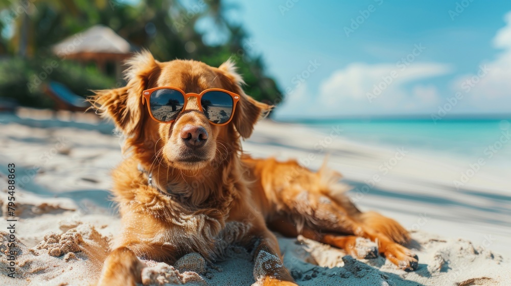 A carefree dog lounges on the sand sporting stylish sunglasses, reflecting the ultimate relaxation on a tropical beach with sun-kissed vibes A carefree dog lounges on the sand sporting stylish sunglasses, reflecting the ultimate relaxation on a tropical beach with sun-kissed vibes
