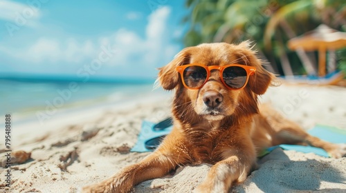 The image captures the essence of relaxation, with a dog lying on the sand, its face obscured, embodying tranquility and peacefulness on a tropical beach