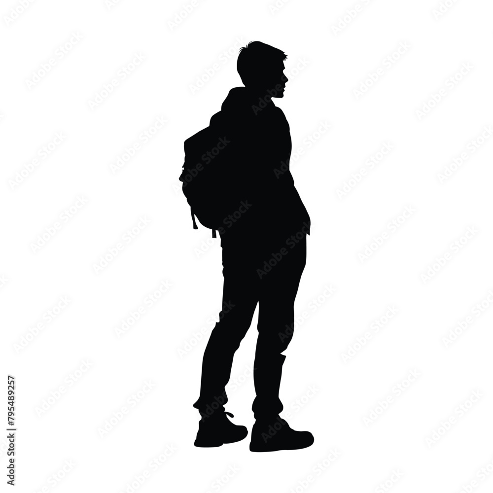 silhouette of a man  with backpack on a back on white 