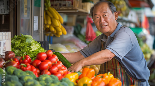 An attentive mature man is seen organizing fresh vegetables at a market stall, representing small business ownership
